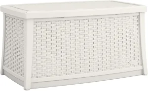 Suncast Elements 30-Gallon End Table with Storage - Lightweight Resin Outdoor Storage Patio and Coffee Table for Cushions, Gardening Tools and Toys - Store Items on Patio - White, Made in the USA