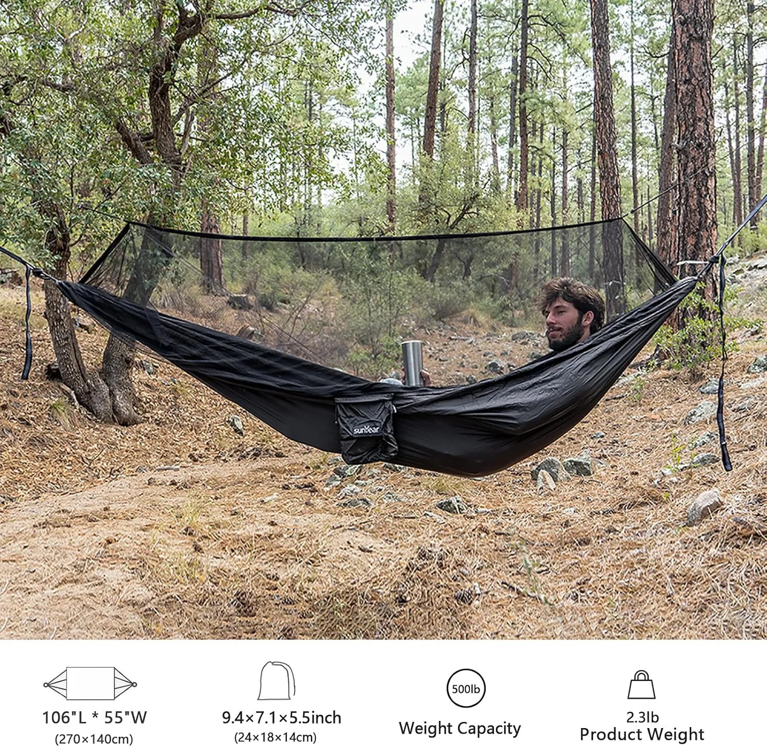 Sunyear Hammock Camping with Rain Fly Tarp and Net, Portable Camping Hammock Double Tree Hammock Outdoor Indoor Backpacking Travel & Survival, 2 Tree Straps,100% Waterproof