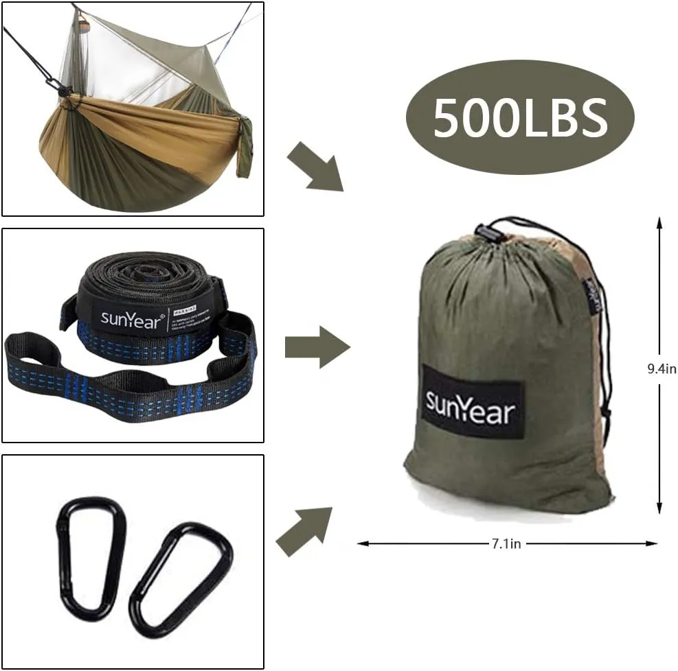 Sunyear Hammock Camping with Rain Fly Tarp and Net, Portable Camping Hammock Double Tree Hammock Outdoor Indoor Backpacking Travel & Survival, 2 Tree Straps,100% Waterproof