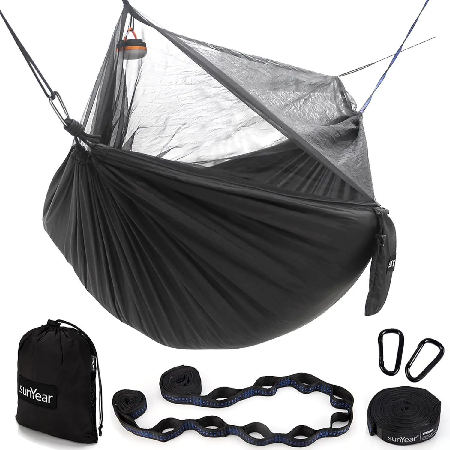 Sunyear Hammock Camping with Rain Fly Tarp and Net, Portable Camping Hammock Double Tree Hammock Outdoor Indoor Backpacking Travel & Survival, 2 Tree Straps,100% Waterproof