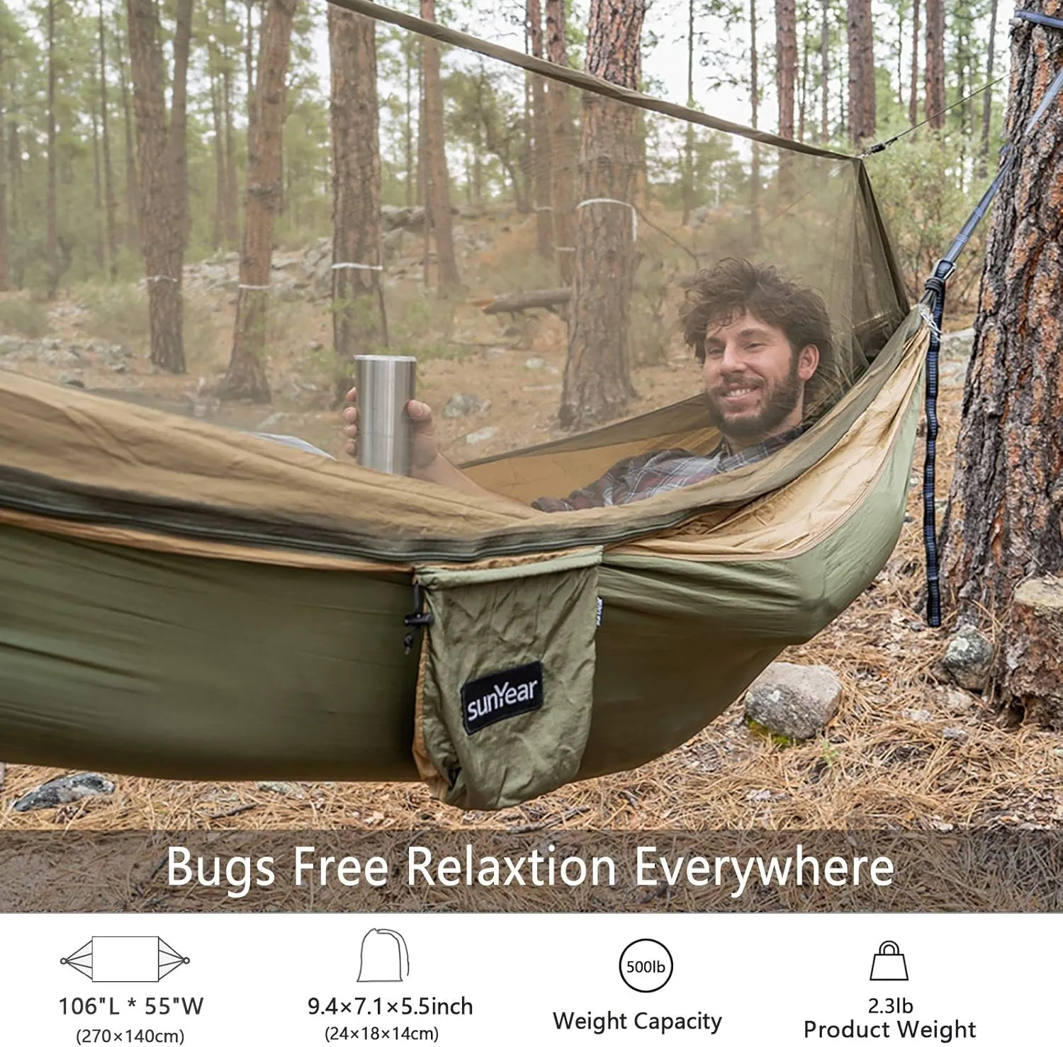 Sunyear Hammock Camping with Rain Fly Tarp and Net, Portable Camping Hammock Double Tree Hammock Outdoor Indoor Backpacking Travel & Survival, 2 Tree Straps,100% Waterproof