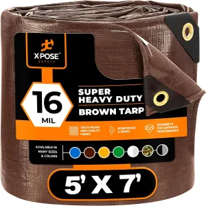 Super Heavy Duty 16 Mil Brown Poly Tarp Cover - Thick Waterproof, UV Resistant, Rip and Tear Proof Tarpaulin with Grommets and Reinforced Edges - by Xpose Safety (5' x 7')