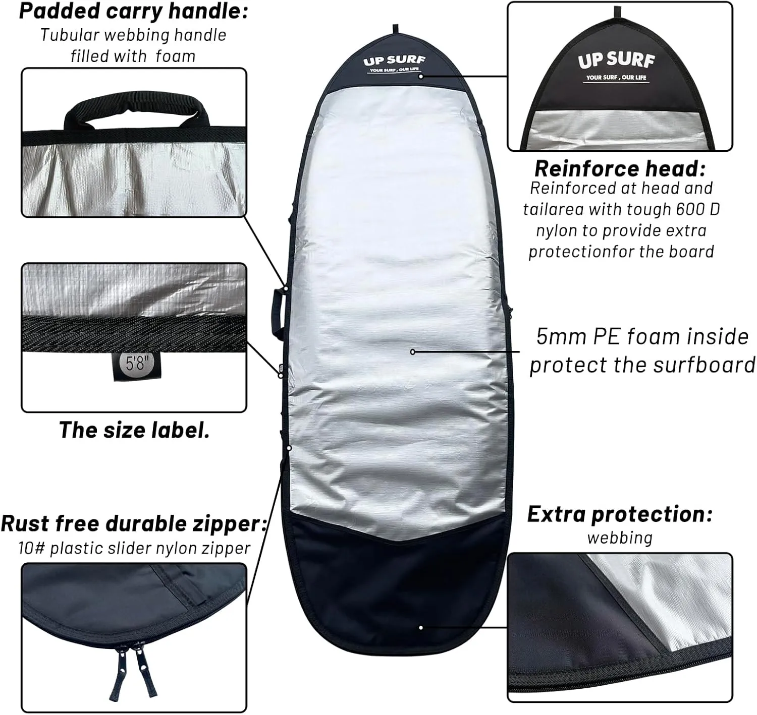 Surfboard bag, Daylight Bags for Fun and short boards, Size 5’4”,5’8”,6’0",6'4",6'8" Surfboard cover for Storage and Transport Surfboard