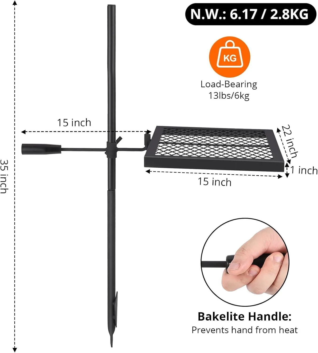 Swivel Campfire Grill Grate,16.7" x 12.6" Open Fire Grill Portable Camping Grill Stand & Camp Garbage Rack Durable Heavy-Duty Steel for Outdoor Cooking, BBQ & Backyard Grilling
