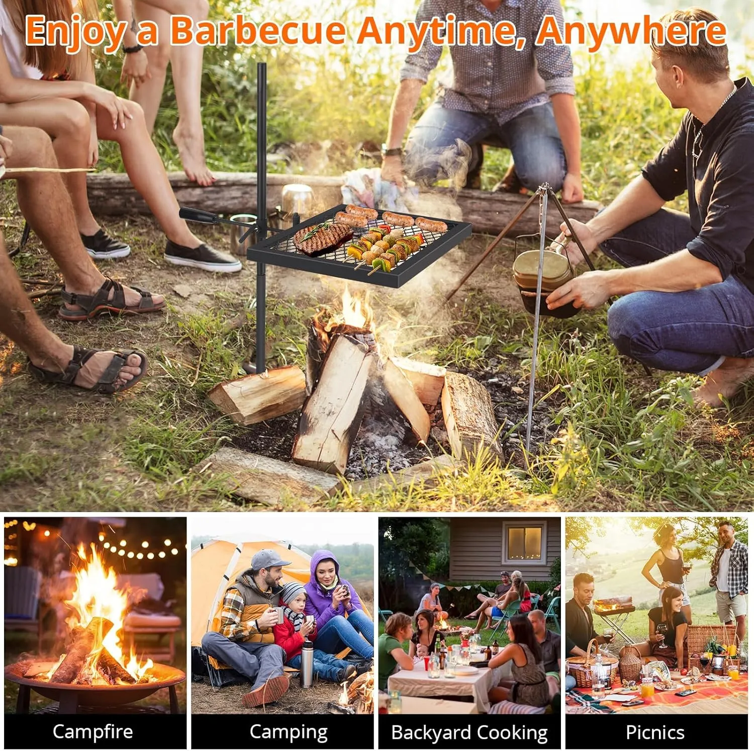 Swivel Campfire Grill Grate,16.7" x 12.6" Open Fire Grill Portable Camping Grill Stand & Camp Garbage Rack Durable Heavy-Duty Steel for Outdoor Cooking, BBQ & Backyard Grilling
