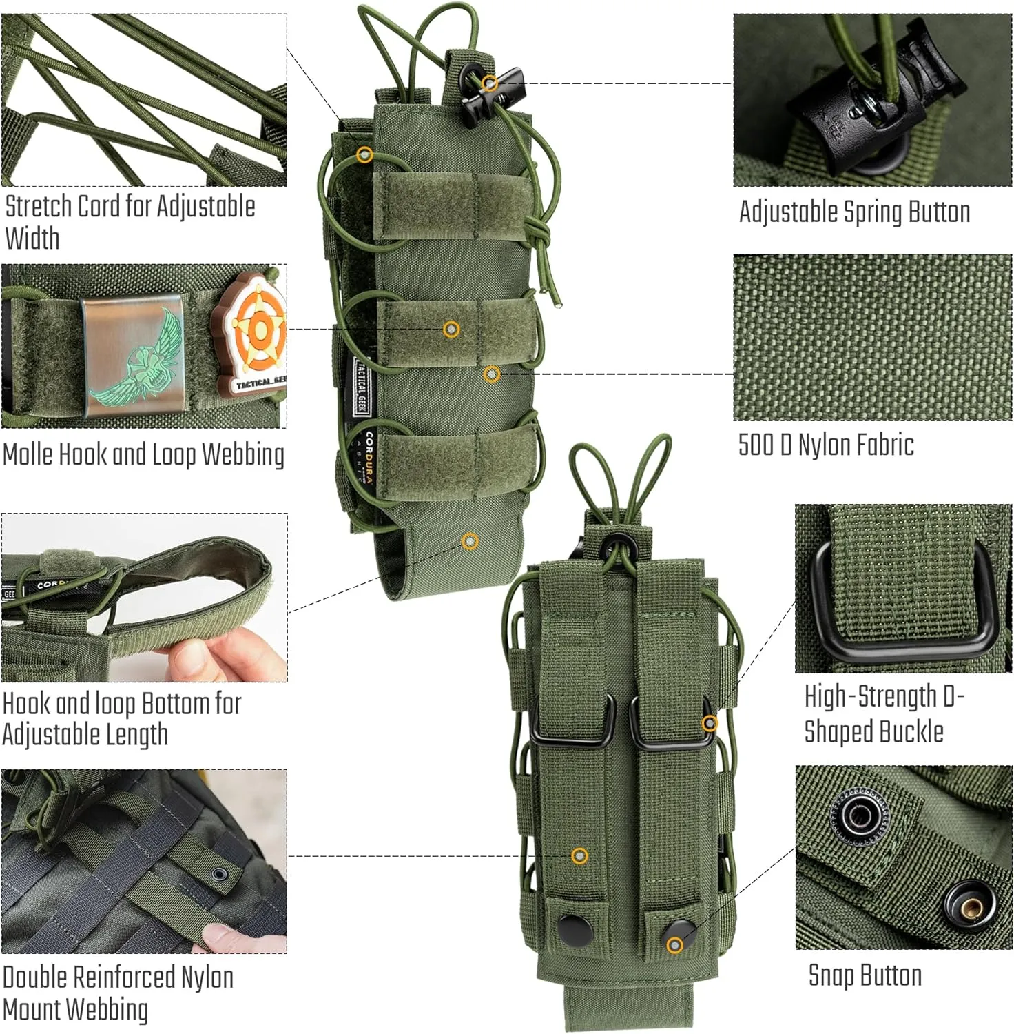 TACTICAL GEEK EXT11 Water Bottle Pouch, Portable Water Bottle Carrier, Drawstring Travel Bottle Holder, Adjustable Outdoor Sports Kettle Carrier Holster, Molle Water Bottle Holder for Backpack (Green)