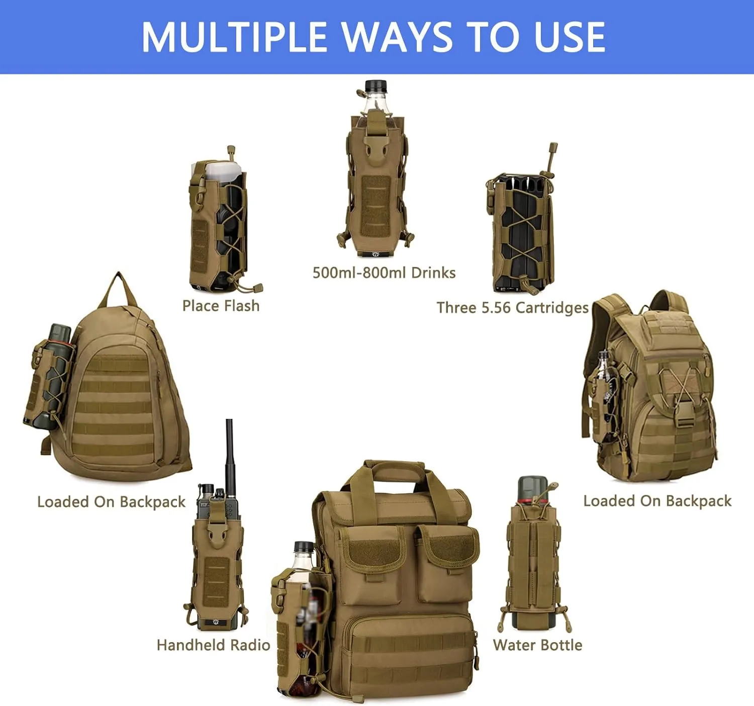 Tactical Water Bottle Pouch for Backpack MOLLE Water Bottle Holder Hydration Carrier Adjustable Molle Accessories for Travel Fishing Hunting Hiking Outdoor Activities