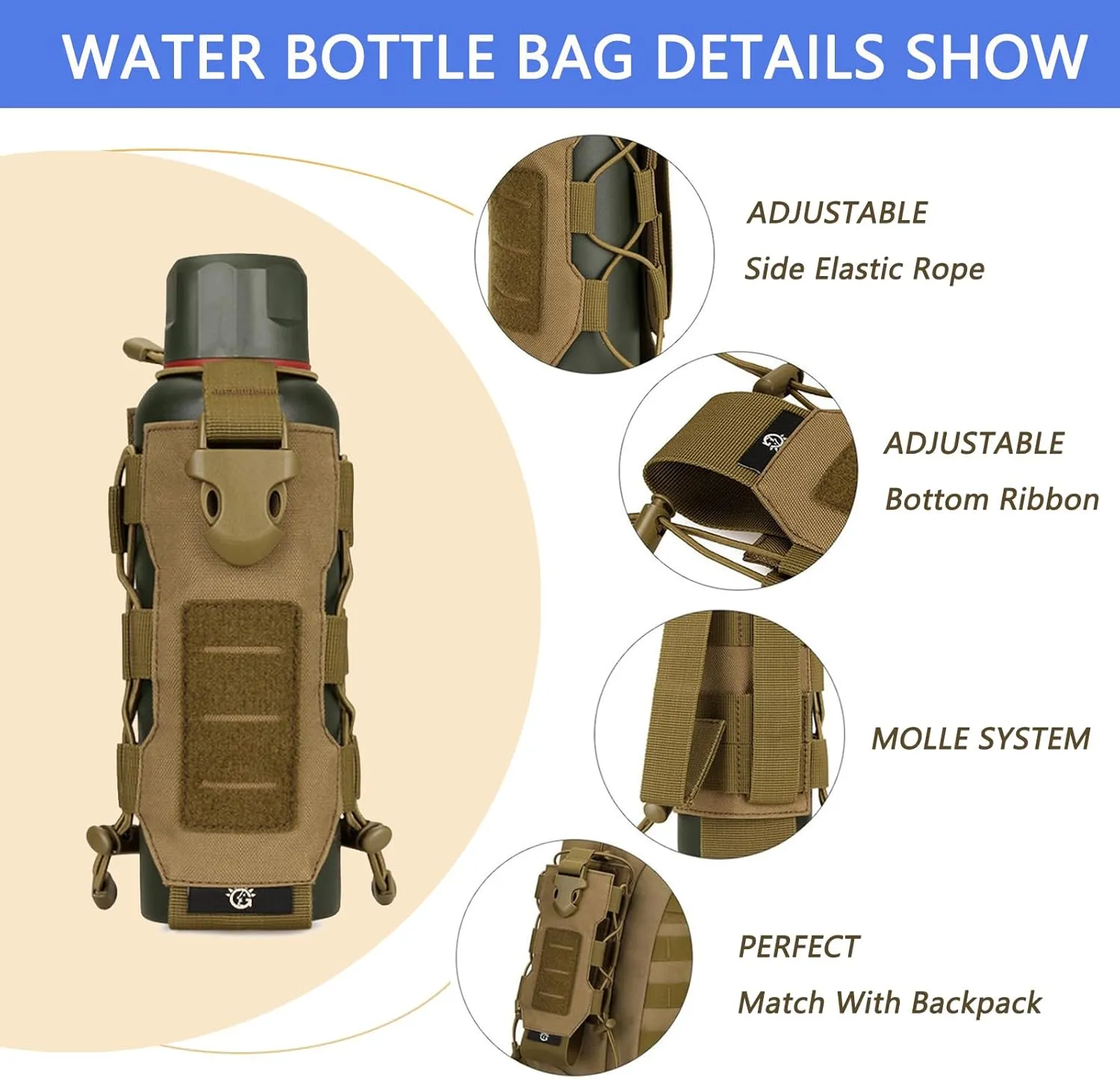 Tactical Water Bottle Pouch for Backpack MOLLE Water Bottle Holder Hydration Carrier Adjustable Molle Accessories for Travel Fishing Hunting Hiking Outdoor Activities