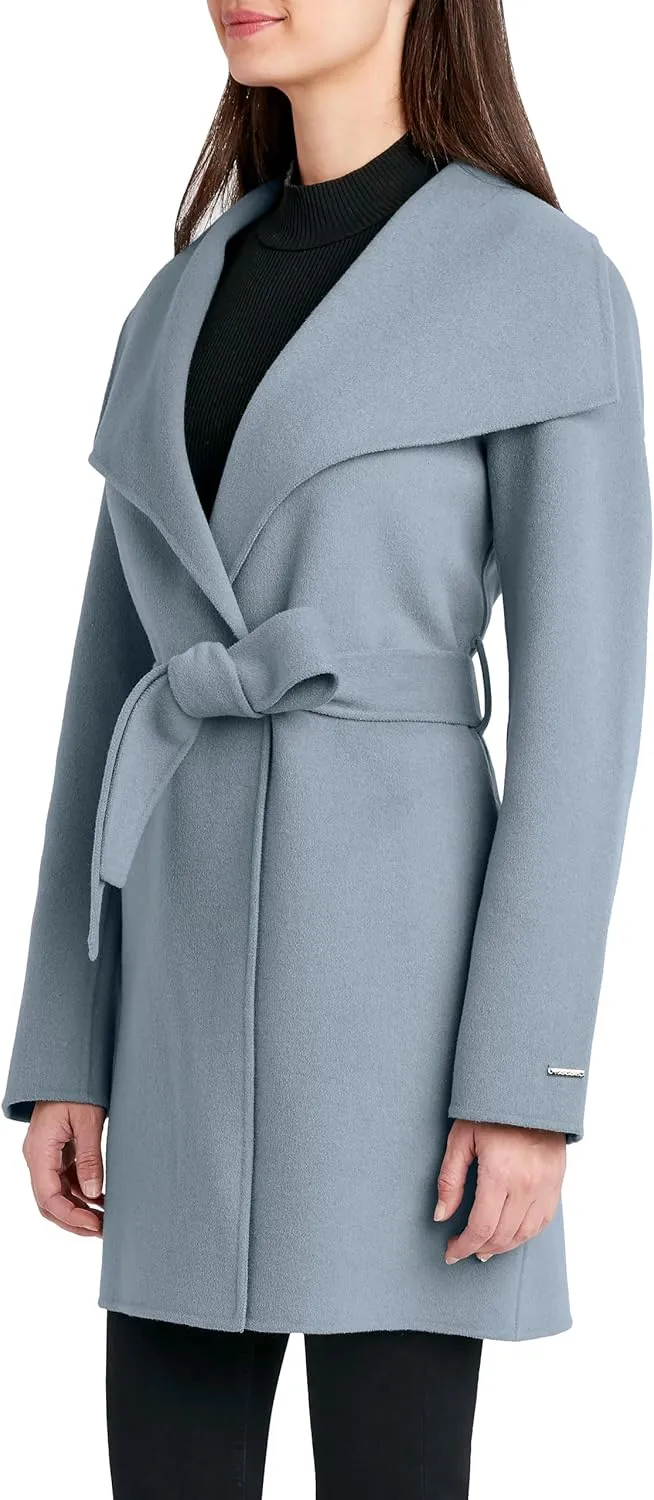 Tahari Women's Lightweight Wool Wrap Coat with Tie Belt