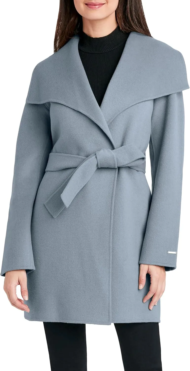 Tahari Women's Lightweight Wool Wrap Coat with Tie Belt