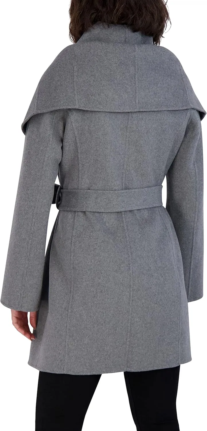 TAHARI Women's Marilyn Lightweight Double Face Wool Wrap Coat with Oversized Collar