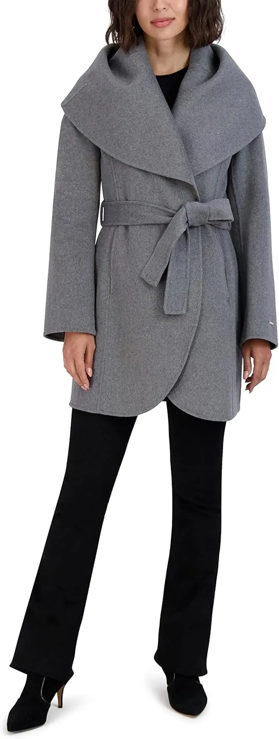 TAHARI Women's Marilyn Lightweight Double Face Wool Wrap Coat with Oversized Collar