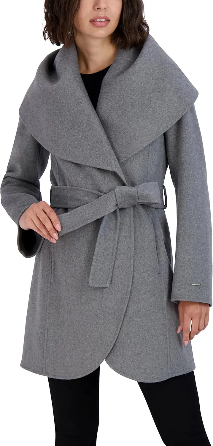 TAHARI Women's Marilyn Lightweight Double Face Wool Wrap Coat with Oversized Collar
