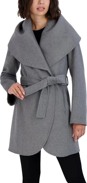 TAHARI Women's Marilyn Lightweight Double Face Wool Wrap Coat with Oversized Collar