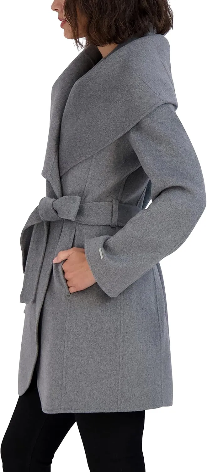 TAHARI Women's Marilyn Lightweight Double Face Wool Wrap Coat with Oversized Collar