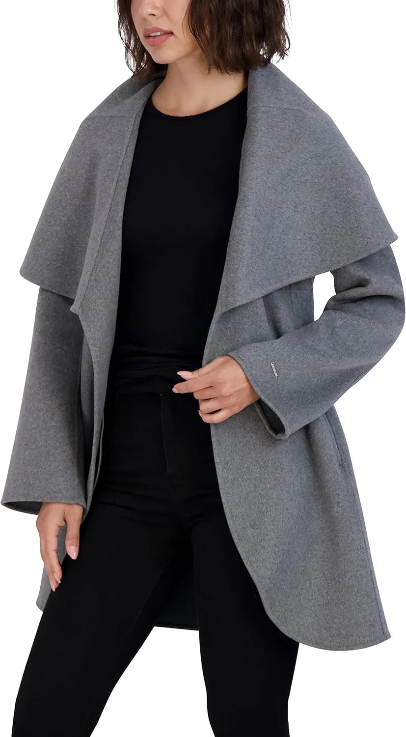 TAHARI Women's Marilyn Lightweight Double Face Wool Wrap Coat with Oversized Collar