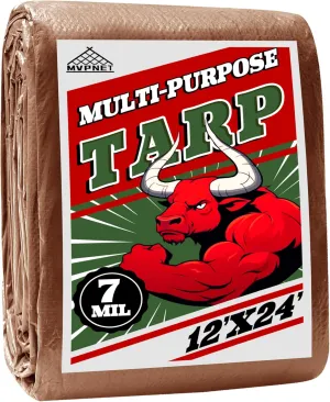 Tarp 12x24 ft 100% Waterproof 7mil Durable Grommets and Reinforced Edges,Uv Resistant,Green/Brown Tarp,Emergency Rain Shelter,Outdoor Cover and Camping Use -by MVPNET