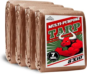 Tarp 8x10(4 Packs) ft 100% Waterproof 7mil Durable Grommets and Reinforced Edges,Uv Resistant,Green/Brown Tarp,Emergency Rain Shelter,Outdoor Cover and Camping Use -by MVPNET