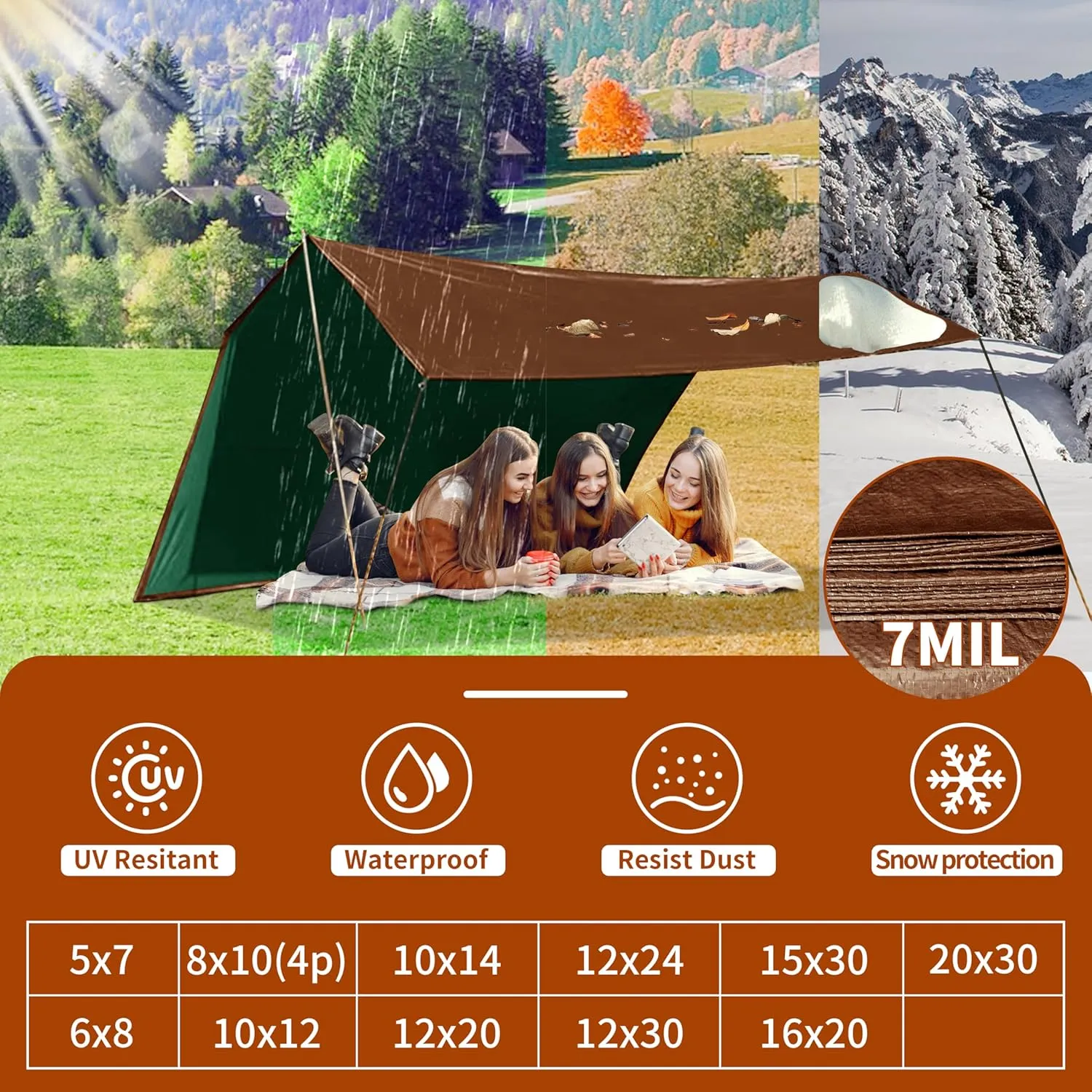 Tarp 8x10(4 Packs) ft 100% Waterproof 7mil Durable Grommets and Reinforced Edges,Uv Resistant,Green/Brown Tarp,Emergency Rain Shelter,Outdoor Cover and Camping Use -by MVPNET