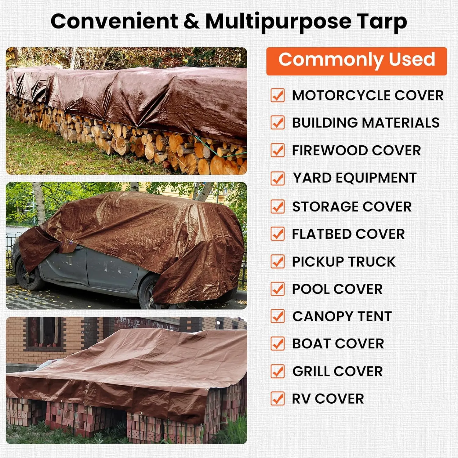 Tarp 8x10FT, 16 Mil Heavy Duty Waterproof Tarp, Large Multipurpose Cover with Brass Grommets and Reinforced Edges, UV Resistant Thick Poly Tarps for Outdoor Camping Tent Pool Car Tent