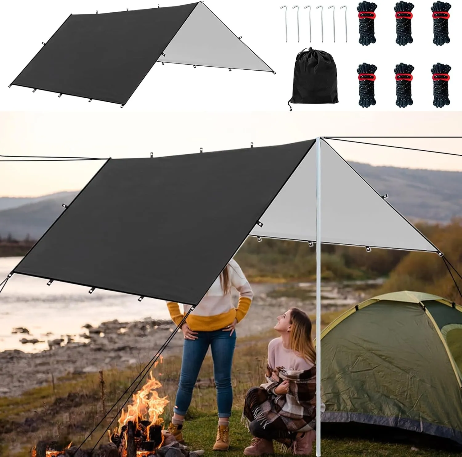 Tarp Camping - Portable Shelter Cover, Tent Shelter Tarp | Easy-to-Set-up Tent Tarp, Tent Tarp for Hiking, Weatherproof Lightweight for Backpacking, Survival, Picnic, Climbing, Travel