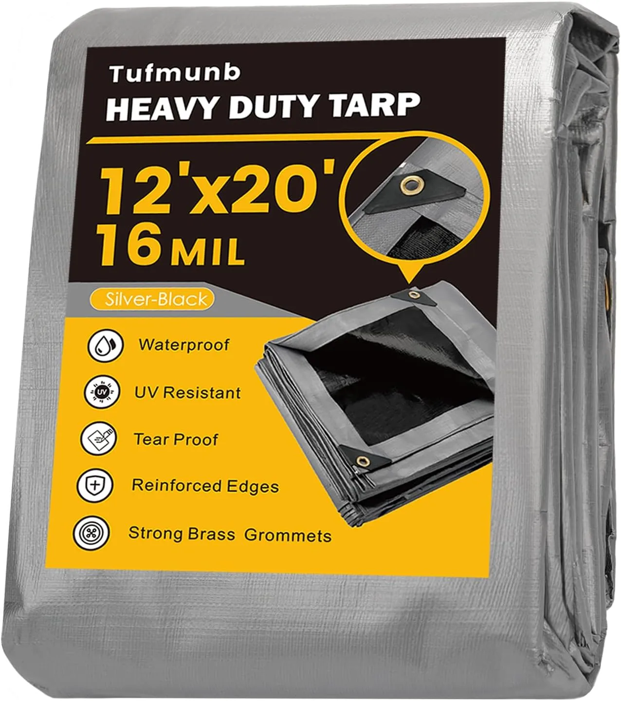 Tarp Waterproof 12x20 Feet, 16 Mil Heavy Duty Thick Tarp, UV Resistant, Rip and Tear Proof, Large Tarp with Reinforced Edges for Roof, Camping, Patio, Pool, Boat (Silver/Black)