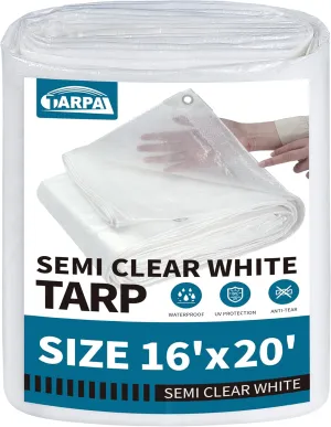 TARPAL 16'x20' Semi Clear White Tarp Waterproof Green House Cover with Grommets 7.5mil Clear Poly tarps for Gardening,Farm, Garden,Chicken Coops，Outdoor