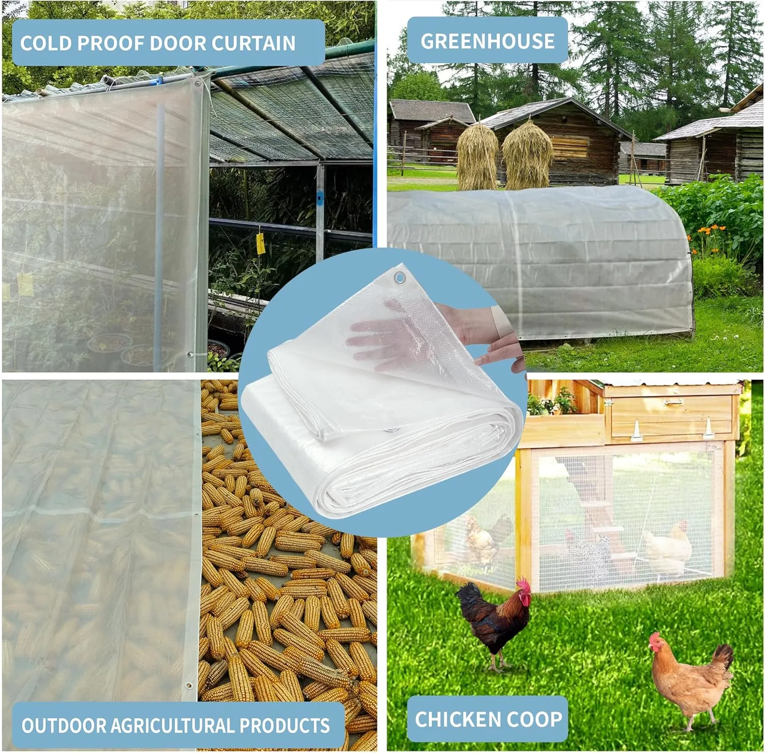 TARPAL 6'x8'（3pack） Semi Clear White Tarp Waterproof Green House Cover with Grommets 7.5mil Clear Poly tarps for Gardening,Farm, Garden,Chicken Coops，Outdoor