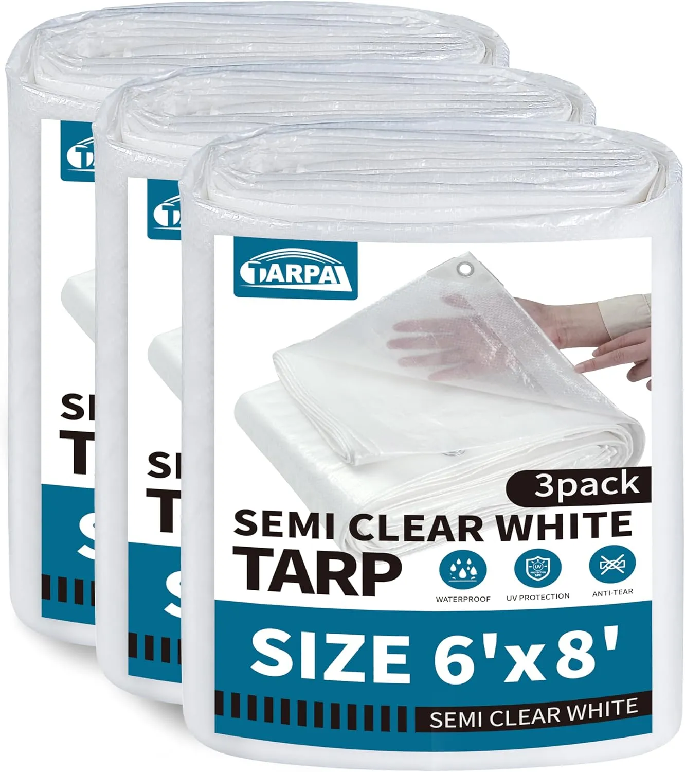 TARPAL 6'x8'（3pack） Semi Clear White Tarp Waterproof Green House Cover with Grommets 7.5mil Clear Poly tarps for Gardening,Farm, Garden,Chicken Coops，Outdoor