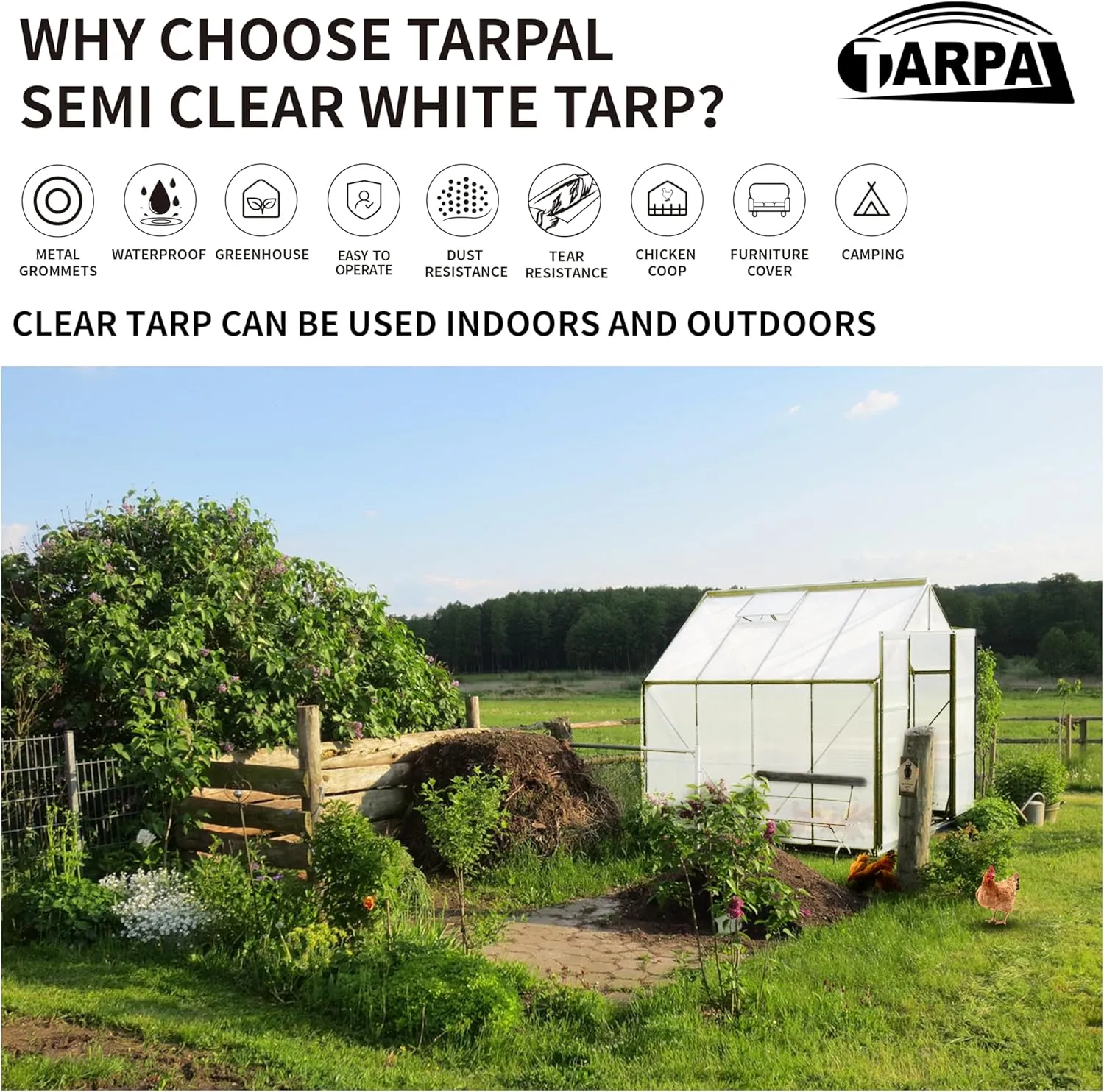 TARPAL 8'x12' Semi Clear White Tarp Waterproof Green House Cover with Grommets 7.5mil Clear Poly tarps for Gardening,Farm, Garden,Chicken Coops，Outdoor
