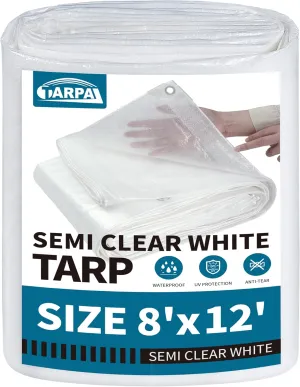 TARPAL 8'x12' Semi Clear White Tarp Waterproof Green House Cover with Grommets 7.5mil Clear Poly tarps for Gardening,Farm, Garden,Chicken Coops，Outdoor