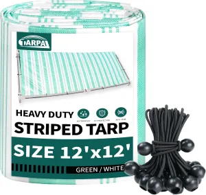 TARPAL Tarp 12x12 Feet Striped tarp 12mil Heavy Duty Poly Tarps with Ball Bungee Cord (25 Pack) Combination Multipurpose Protective Cover Durable, Waterproof, Weather Proof, UV Resistant,Tearproof