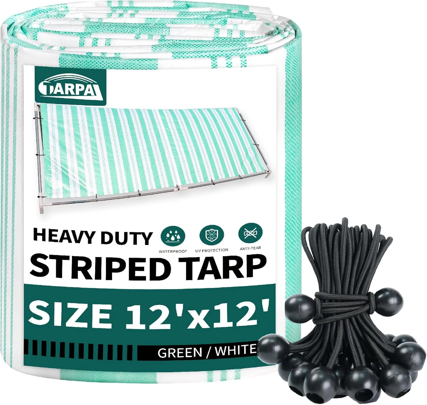 TARPAL Tarp 12x12 Feet Striped tarp 12mil Heavy Duty Poly Tarps with Ball Bungee Cord (25 Pack) Combination Multipurpose Protective Cover Durable, Waterproof, Weather Proof, UV Resistant,Tearproof