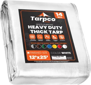 Tarpco Safety Extra Heavy Duty 14 Mil Tarp Cover, Waterproof, UV Resistant, Rip and Tear Proof, Poly Tarpaulin with Reinforced Edges for Roof, Camping, Patio, Pool, Boat (White 12′ X 25′)