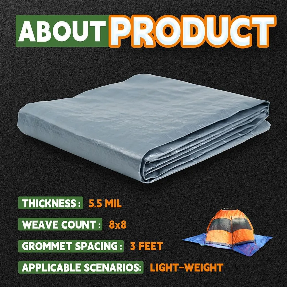 Tarps 8x10 Feet (2 Pack) - 5.5 Mil, Multipurpose Waterproof Poly Tarp Cover with Metal Grommets and Reinforced Edges, Silver/Blue Tarp by RAINDEWAY