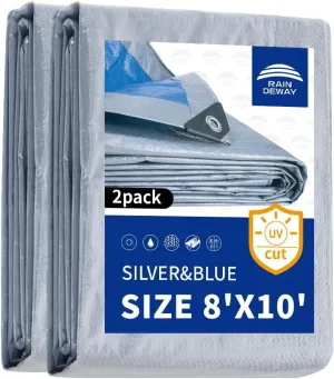 Tarps 8x10 Feet (2 Pack) - 5.5 Mil, Multipurpose Waterproof Poly Tarp Cover with Metal Grommets and Reinforced Edges, Silver/Blue Tarp by RAINDEWAY