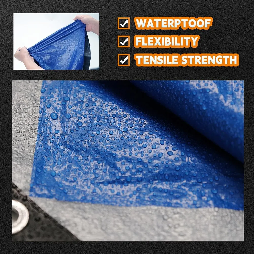 Tarps 8x10 Feet (2 Pack) - 5.5 Mil, Multipurpose Waterproof Poly Tarp Cover with Metal Grommets and Reinforced Edges, Silver/Blue Tarp by RAINDEWAY