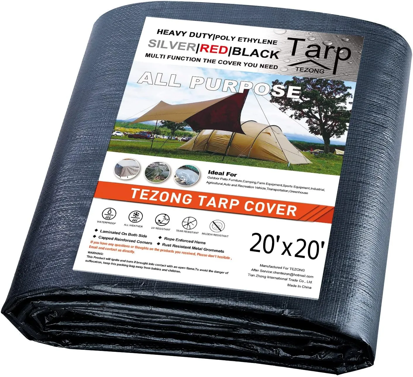 Tarps Heavy Duty Waterproof 20x20ft,Black Plastic Tarps 12Mil Multipurpose Outdoor Tarp Cover Poly Tarpaulin for Emergency Rain or Sun, Roof, Patio Furniture, Firewood, Canopy