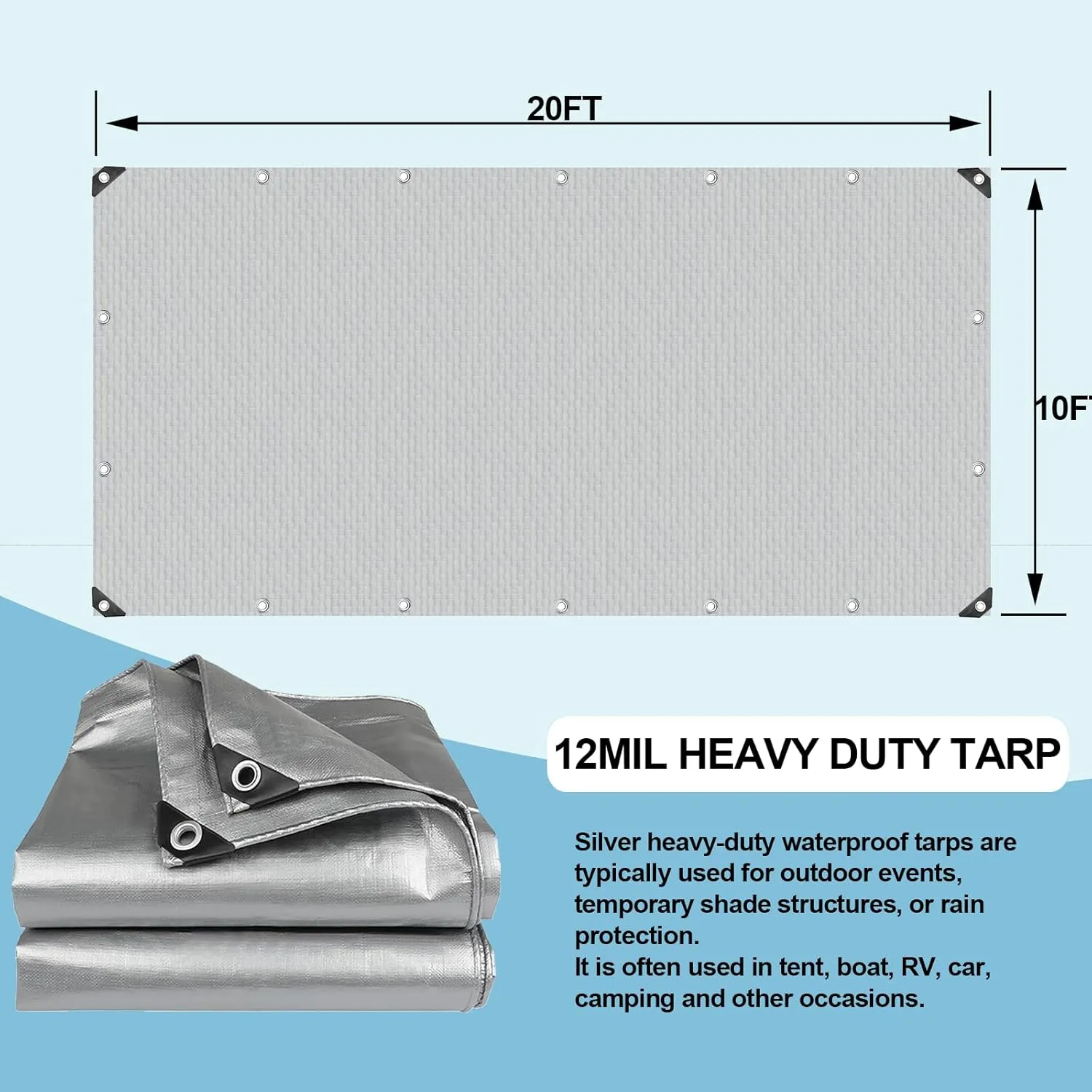 Tarps Heavy Duty Waterproof - Plastic Tarps with Grommets 12 Mil Silver Thick Protective Tarpaulin Covers for Outdoor Under Tent Camping Boat Patio Pool RV Pool