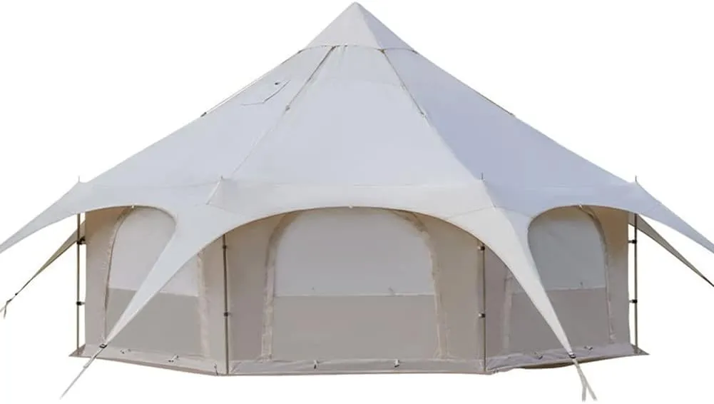 Teepee Camping Tent Cotton Tent Pyramid Yurt Tent Multi-Person Family Glamping Tent Double Layer Large Waterproof Tipi Tents for 8-10 Person