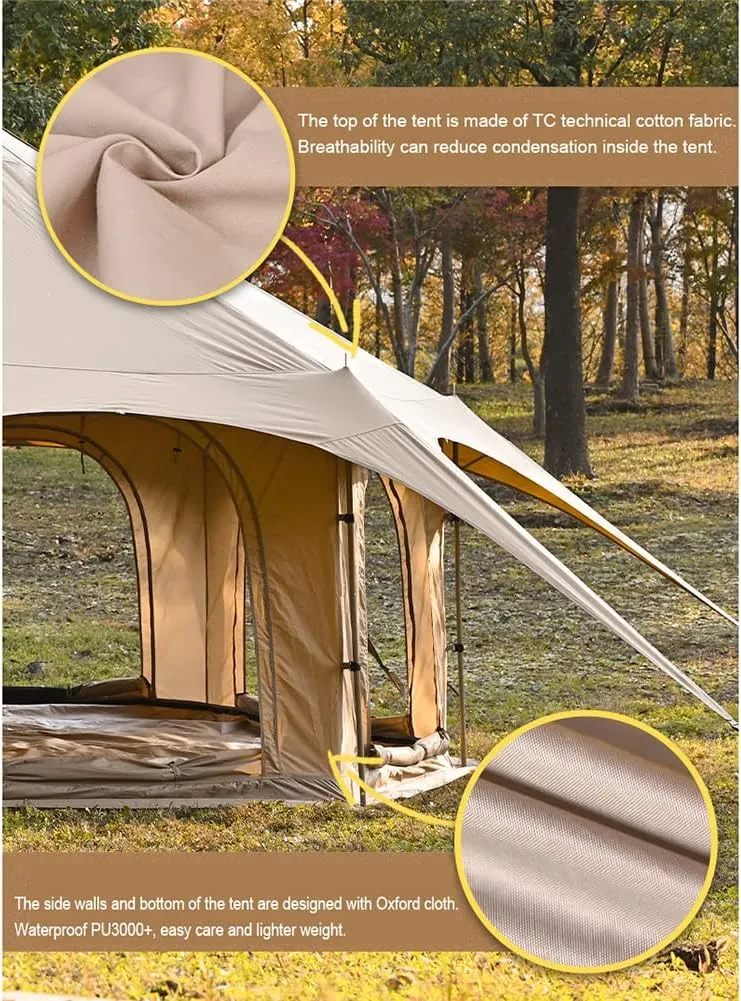 Teepee Camping Tent Cotton Tent Pyramid Yurt Tent Multi-Person Family Glamping Tent Double Layer Large Waterproof Tipi Tents for 8-10 Person