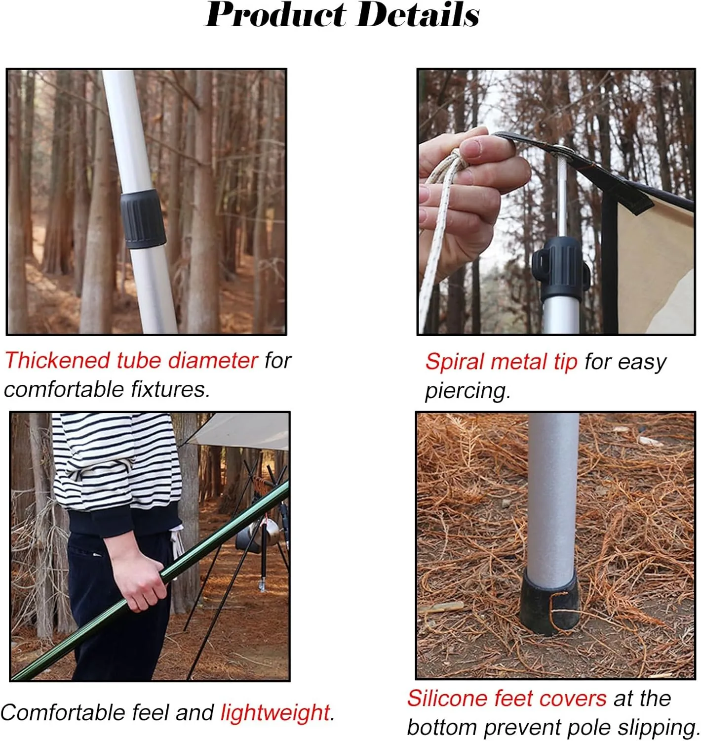 Telescoping Aluminum Alloy Tarp Poles Waterproof Non-Slip, Lightweight Adjustable Tent Pole with Silicone Feet Cover, Portable Camping Pole for Hiking(Silver)