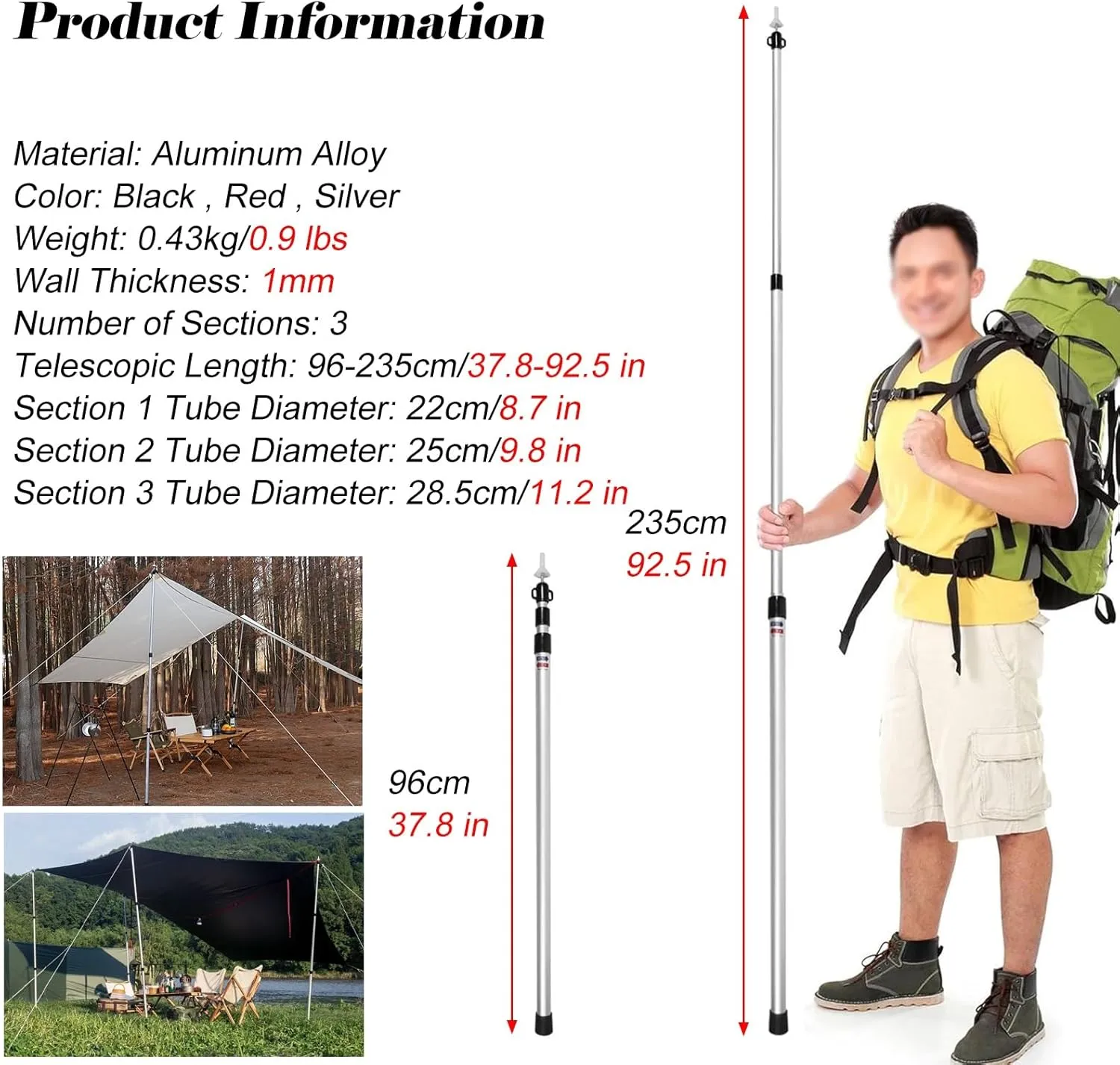 Telescoping Aluminum Alloy Tarp Poles Waterproof Non-Slip, Lightweight Adjustable Tent Pole with Silicone Feet Cover, Portable Camping Pole for Hiking(Silver)
