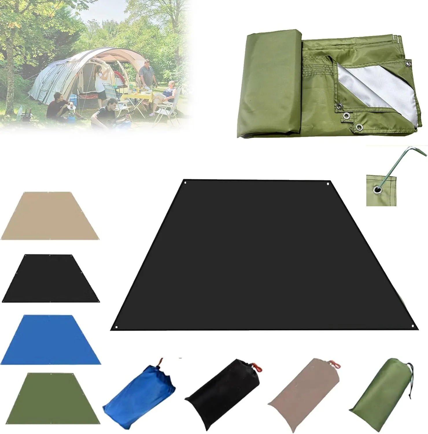 Tent Footprint, Waterproof Camping Tarp with Ground Spikes, Oxford Cloth Ground Tarp with Backpack Storage, Moisture Proof Floor Mat for Outdoor Hiking Camping(Black,2.1x1)