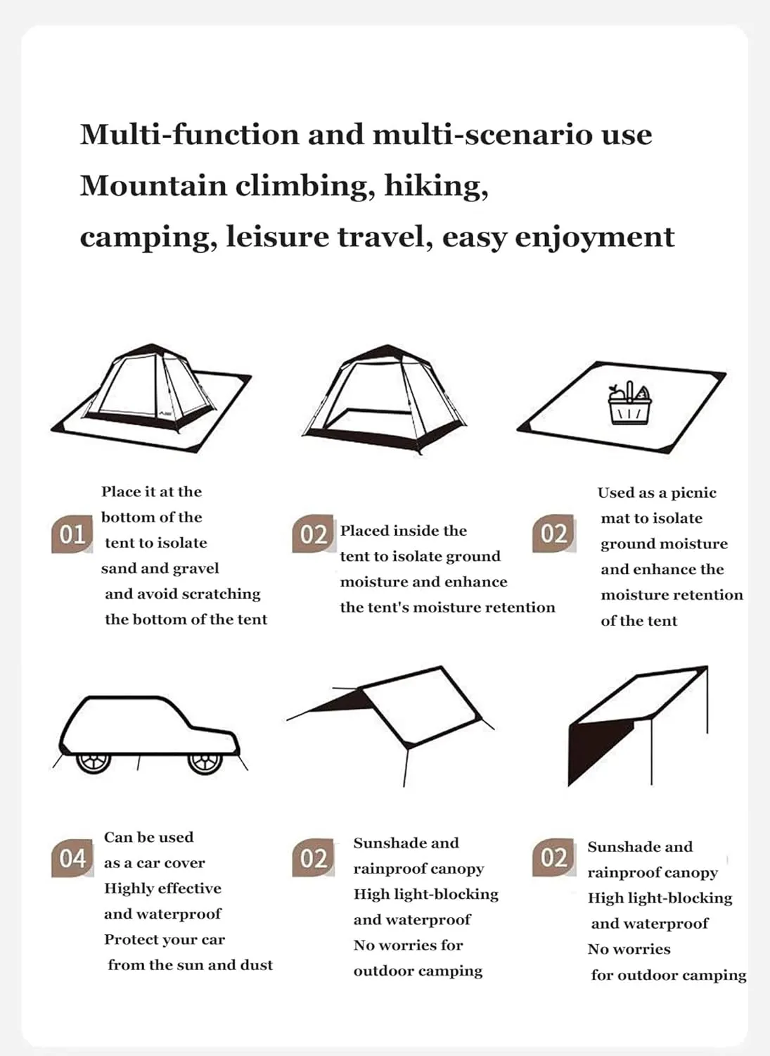 Tent Footprint, Waterproof Camping Tarp with Ground Spikes, Oxford Cloth Ground Tarp with Backpack Storage, Moisture Proof Floor Mat for Outdoor Hiking Camping(Black,2.1x1)