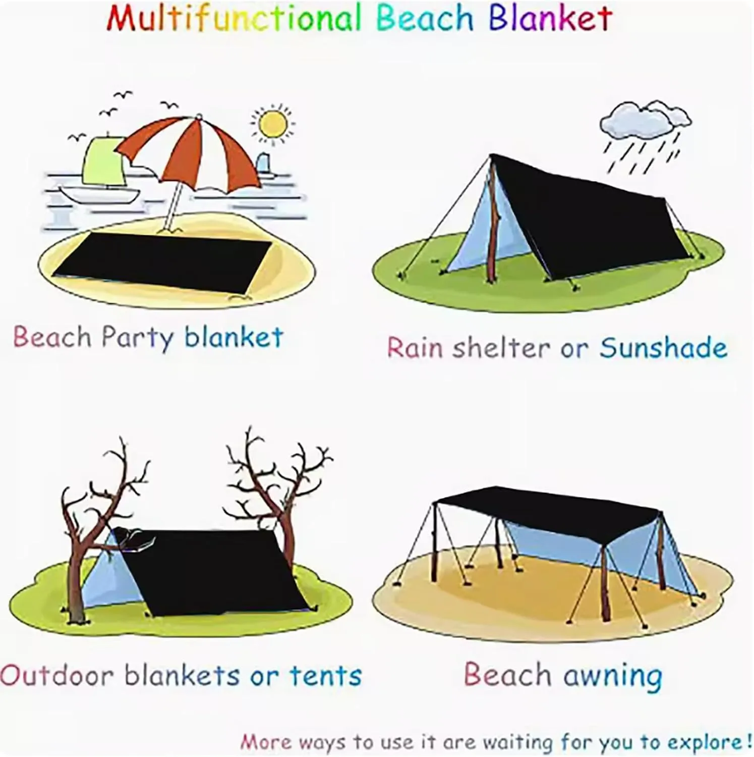 Tent Footprint, Waterproof Camping Tarp with Ground Spikes, Oxford Cloth Ground Tarp with Backpack Storage, Moisture Proof Floor Mat for Outdoor Hiking Camping(Black,2.1x1)