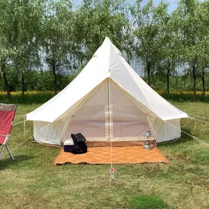 Tents for Camping 4 Season Cotton Bell Glamping Tent Outdoor Family Camping Tent with Zipped Groundsheet Mesh Door for Camping Hunting, Beige