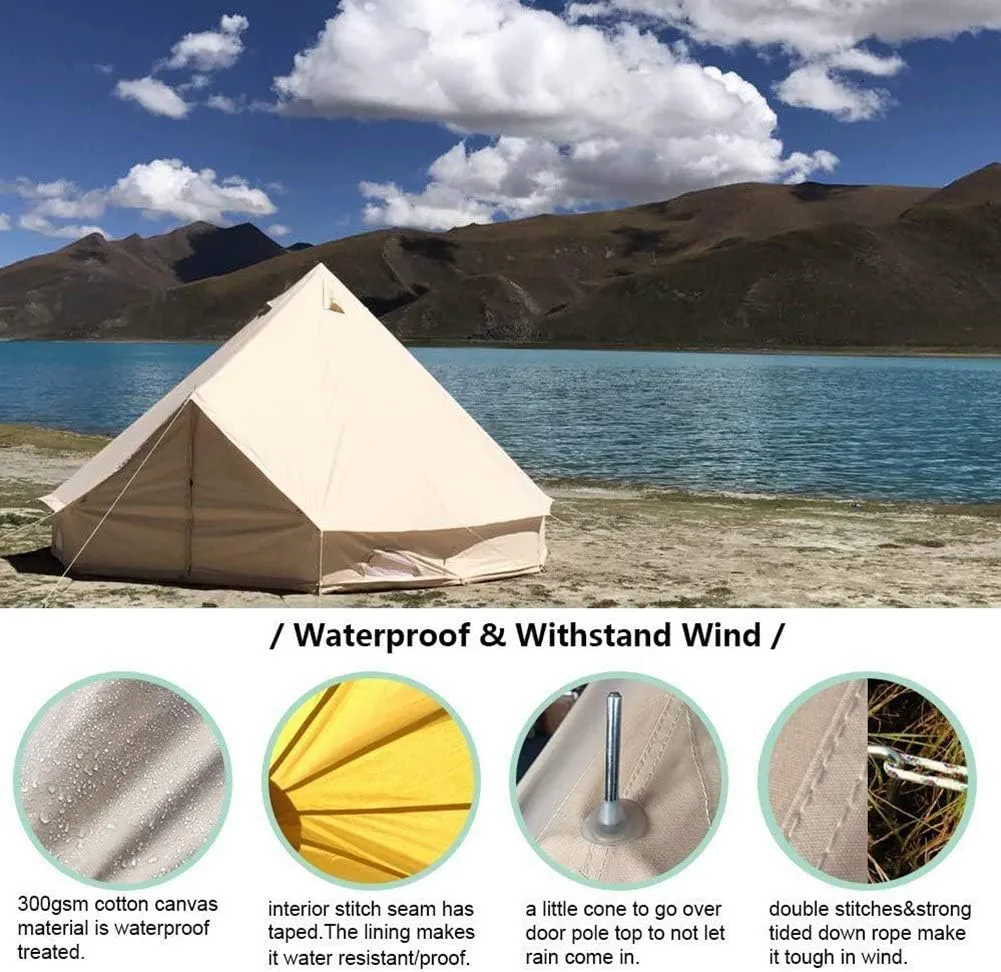 Tents for Camping 4 Season Cotton Bell Glamping Tent Outdoor Family Camping Tent with Zipped Groundsheet Mesh Door for Camping Hunting, Beige