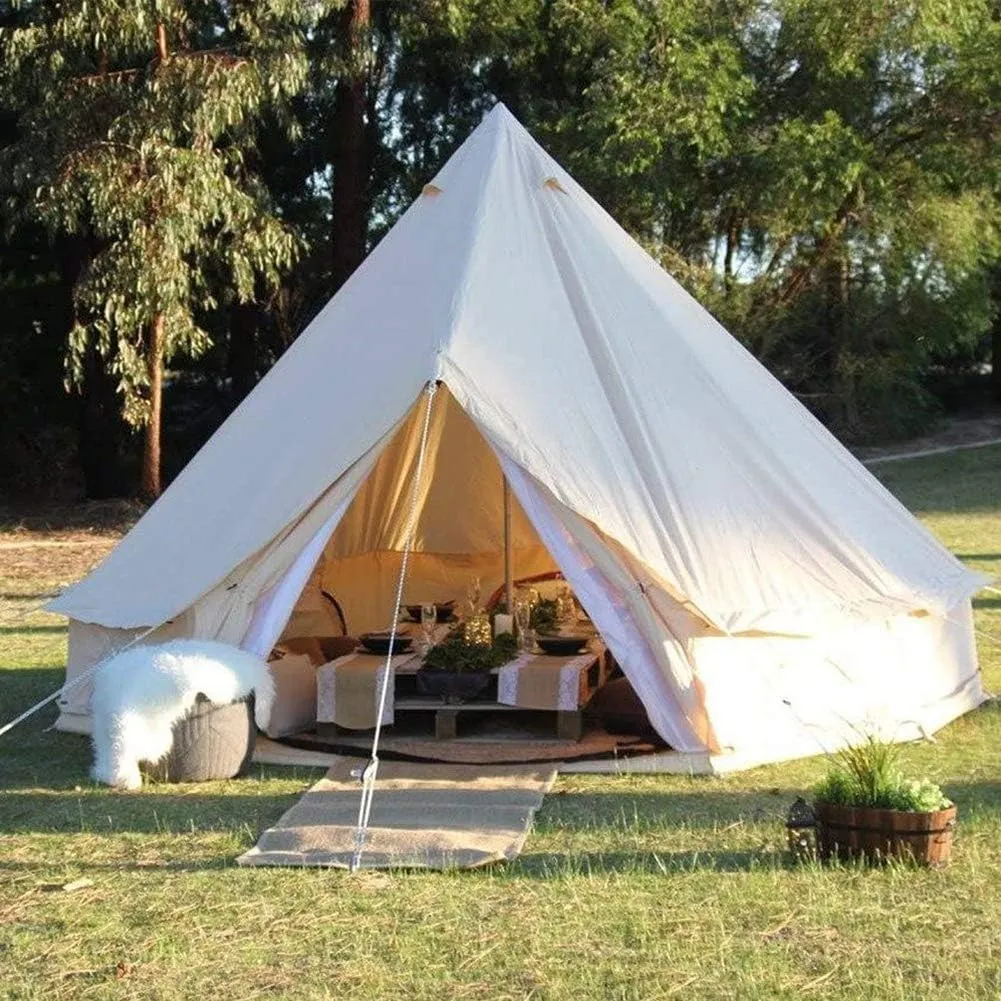 Tents for Camping 4 Season Cotton Bell Glamping Tent Outdoor Family Camping Tent with Zipped Groundsheet Mesh Door for Camping Hunting, Beige