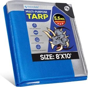 TICONN Heavy Duty Tarp Cover, Extra Thick Tarps Waterproof Tear and Rip Proof UV Resistant Tarpaulin with Reinforced Grommets and Edges (5.5 Mil, 8'x10')